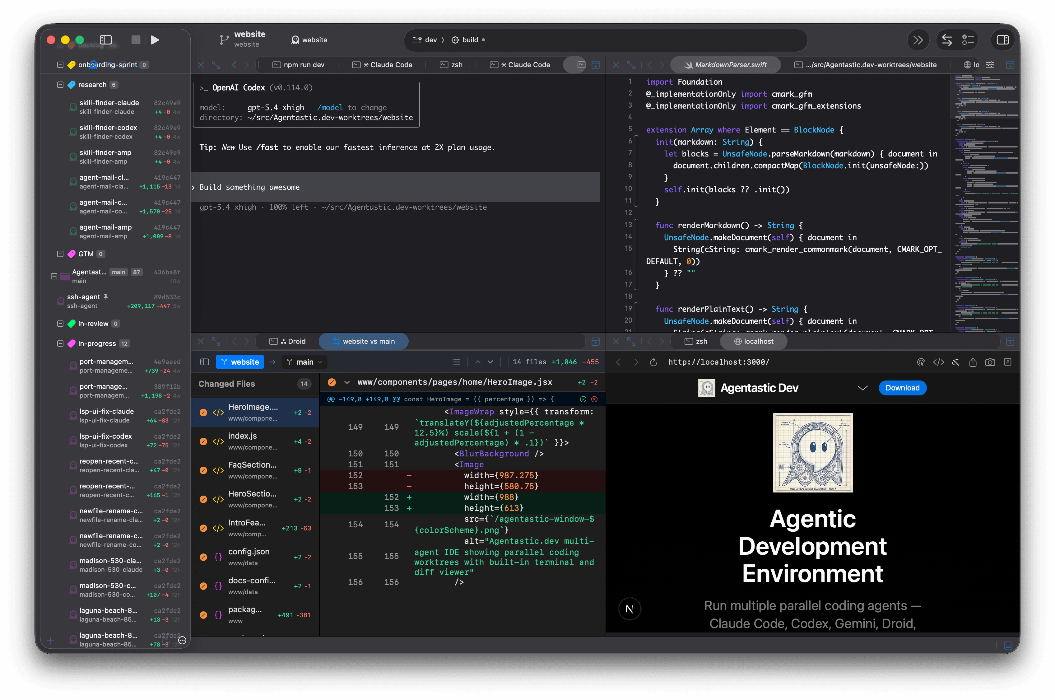 Agentastic.dev multi-agent IDE showing parallel coding agent workspaces