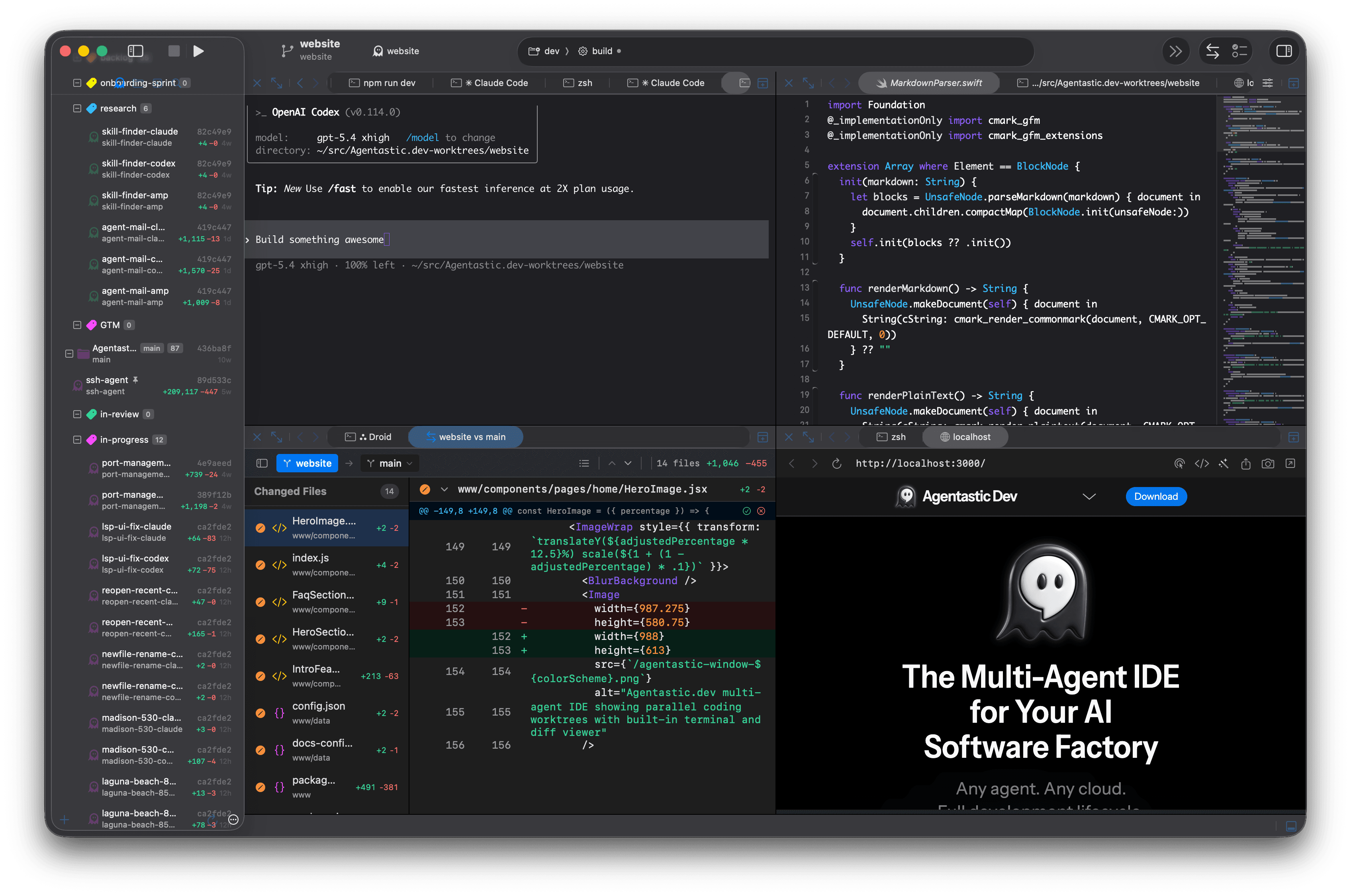 Agentastic.dev running parallel coding agents, each in its own git worktree