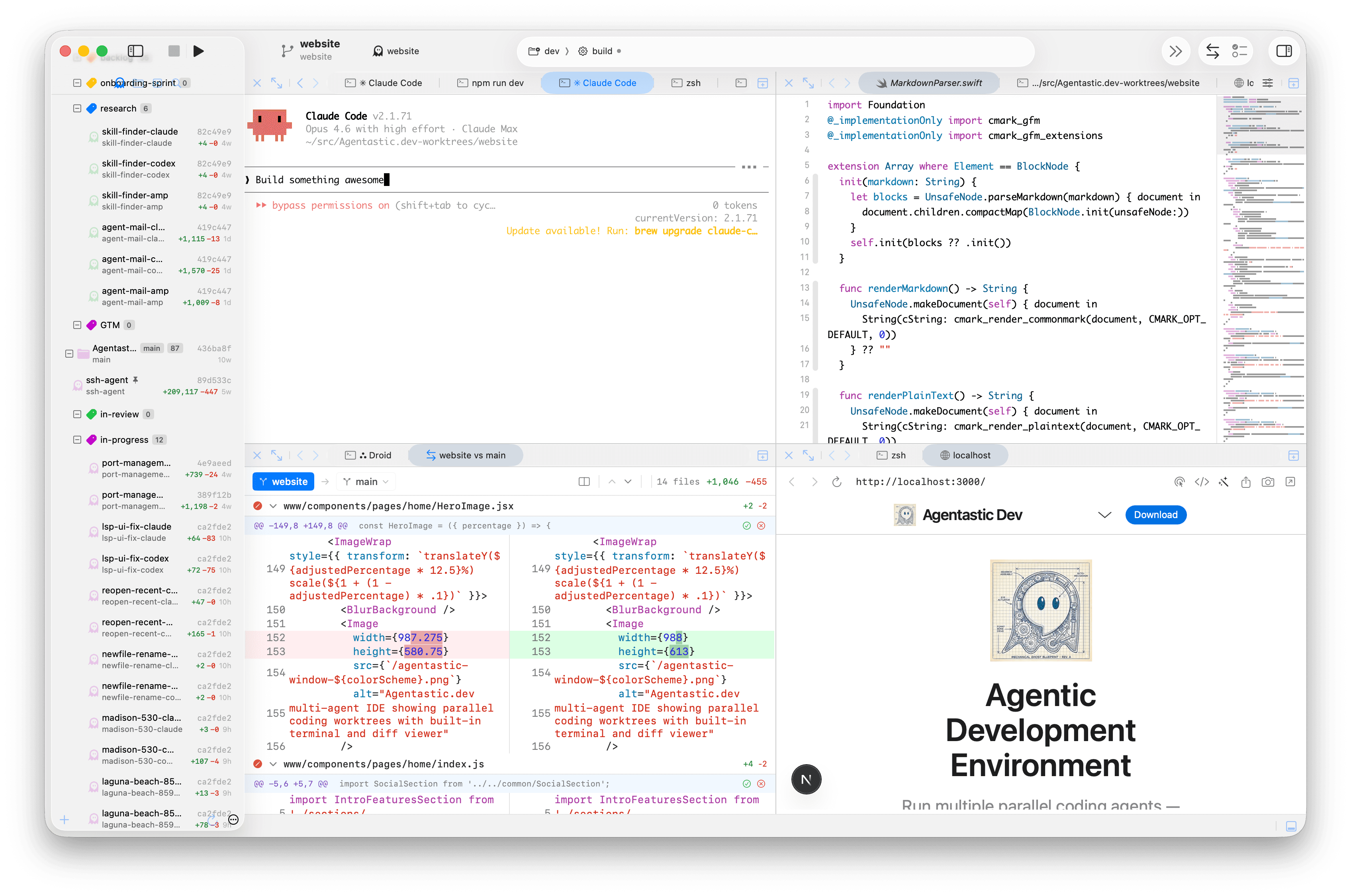 Agentastic.dev multi-agent IDE showing parallel coding worktrees with built-in terminal and diff viewer