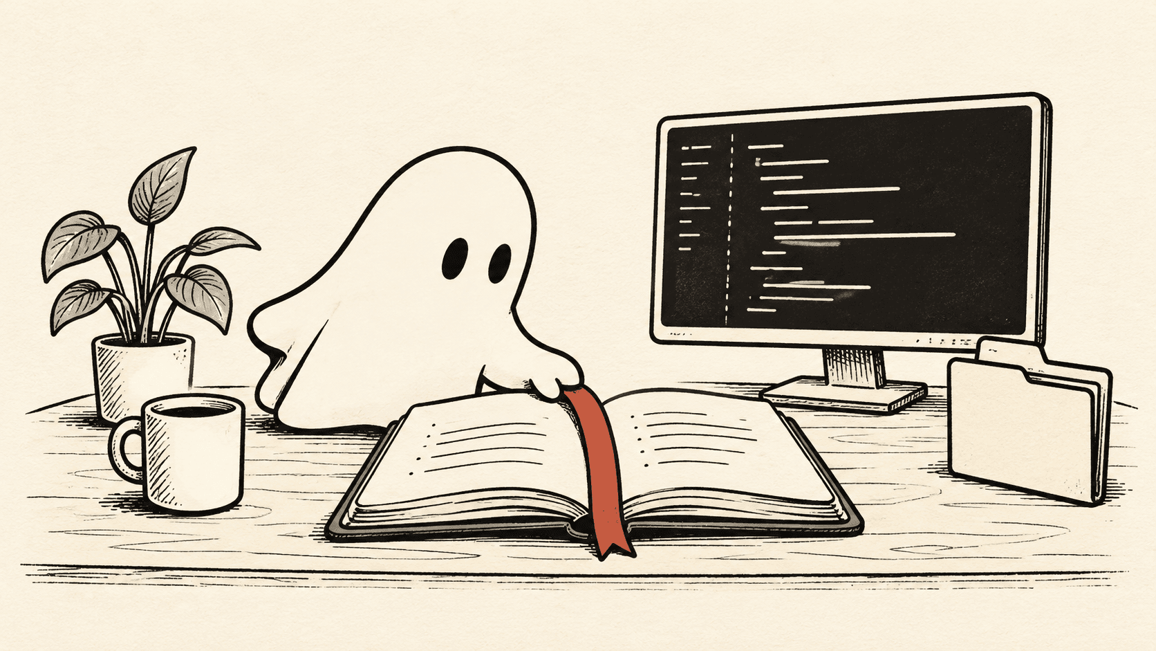 A ghost assistant returns to a bookmarked notebook beside a terminal and project folder.