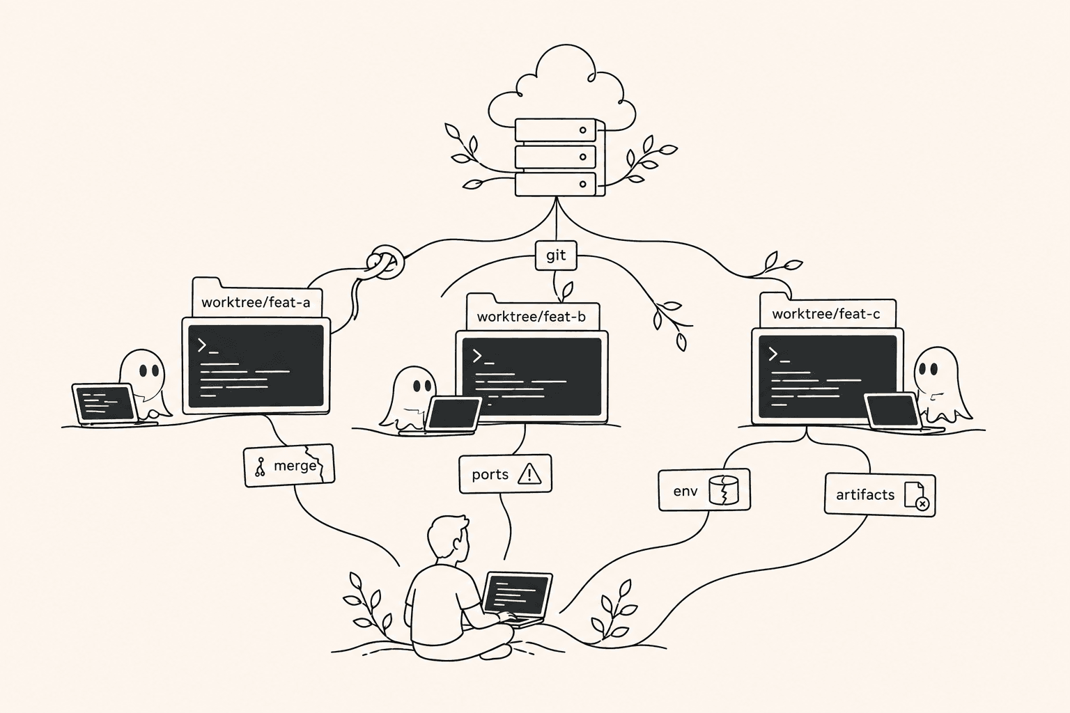 Three isolated agent worktrees with separate ports, environment files, and build artifacts