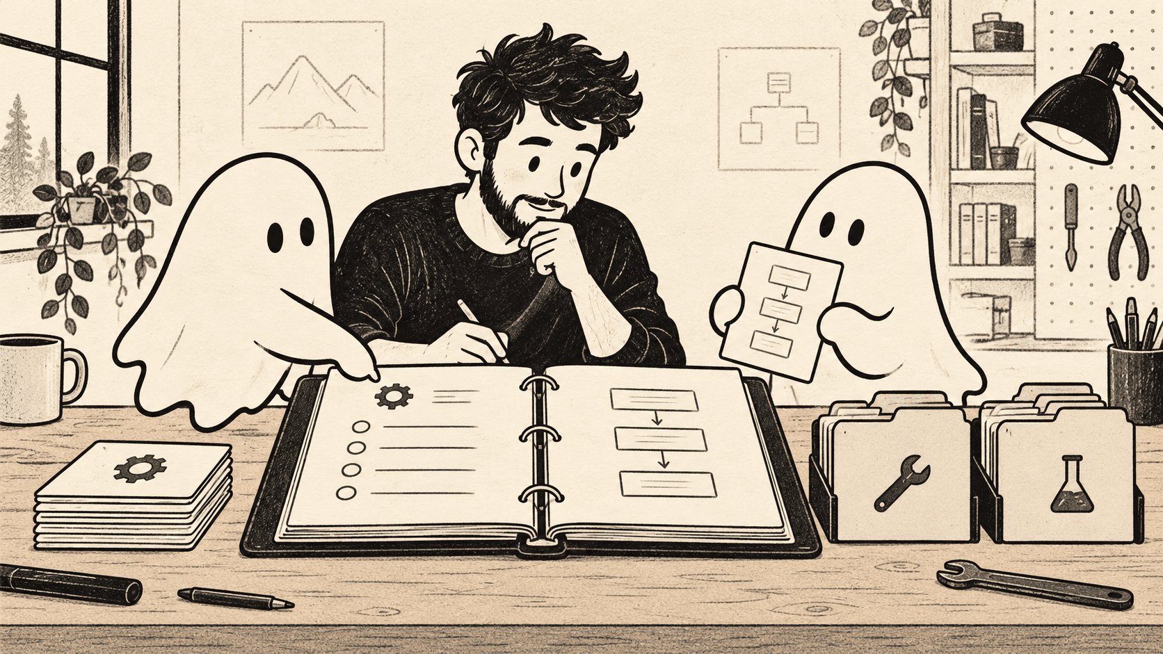 An engineer and two ghost coding agents organize an open binder, rule cards, and tabbed folders.