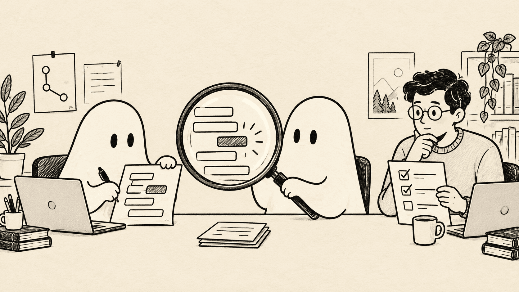 An engineer and ghost coding agents examine a proposed change with a magnifying glass.