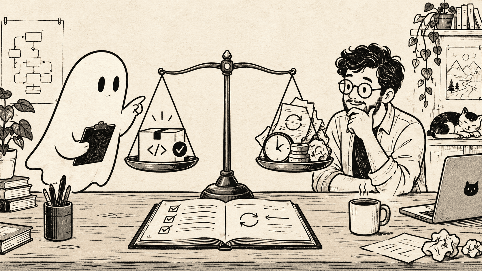 An accepted code box balances against a clock, coins, and discarded retry drafts.