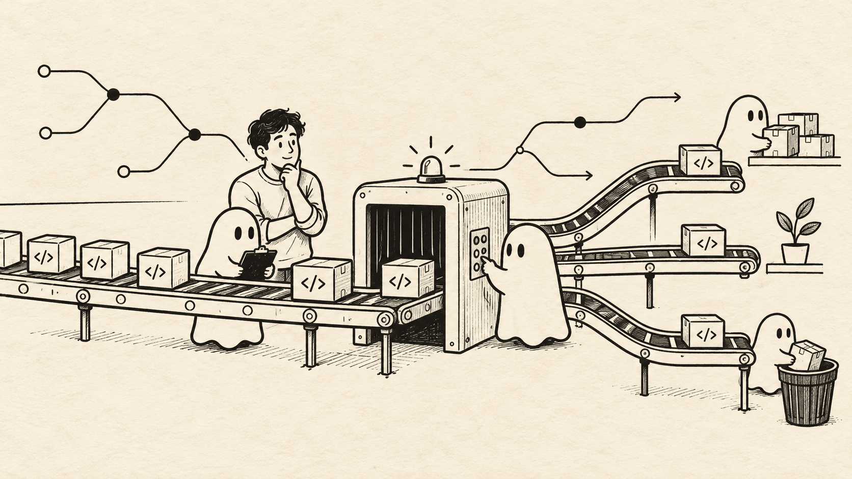 An engineer and ghost coding agents move code boxes through a conveyor and inspection gate.