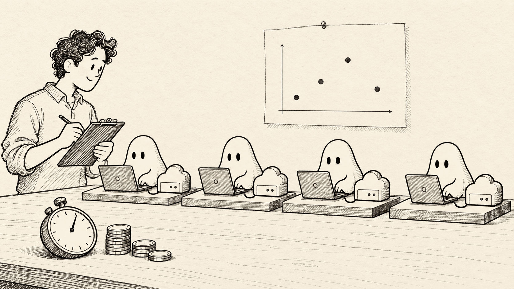 An engineer records time and cost while four ghost coding agents run identical tasks at separate cloud test benches.