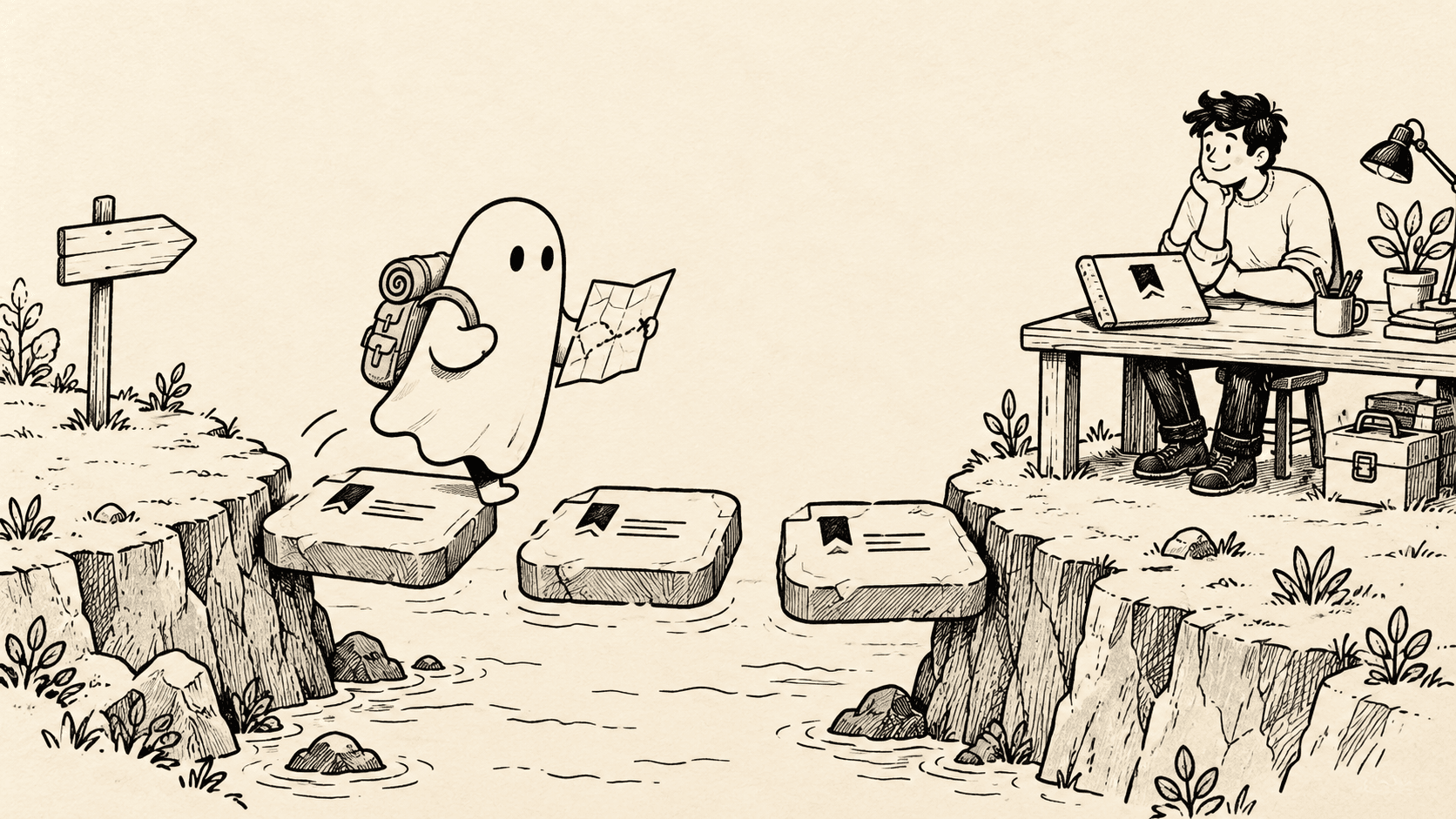 A ghost coding agent follows a map across checkpoint stepping stones toward an engineer.