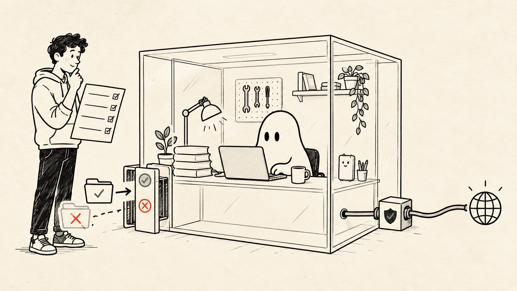 An engineer checks a transparent ghost workshop with a guarded folder gate and network cable.
