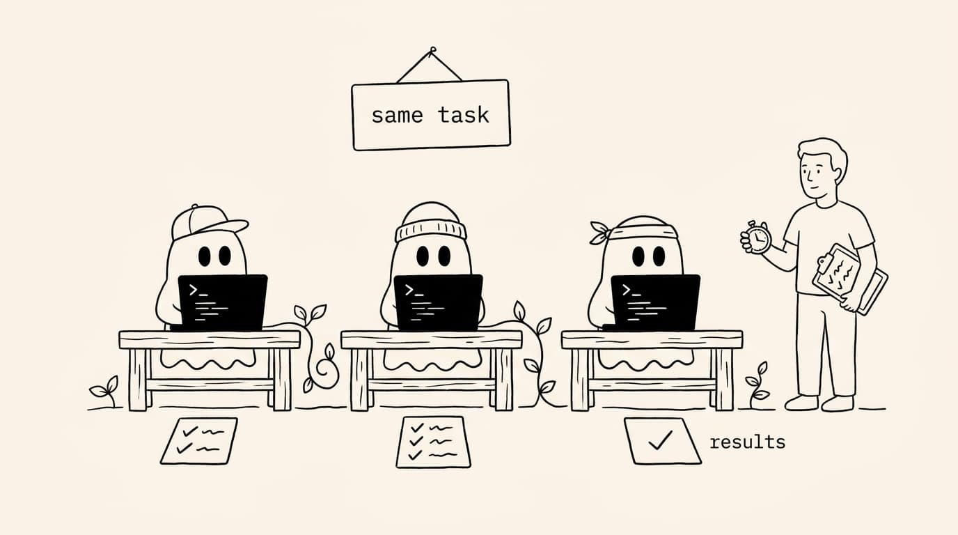 Three ghosts in different hats work the same task at identical benches while a person with a stopwatch compares results