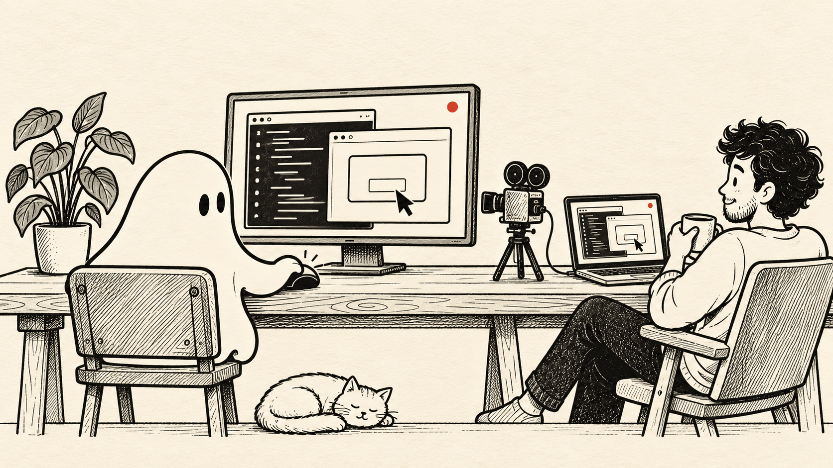 Hand-drawn illustration of a ghost-shaped coding agent clicking a mouse to press a dialog button on a desktop monitor marked with a red recording dot, while a film camera records the screen and an engineer with a coffee mug watches on a laptop