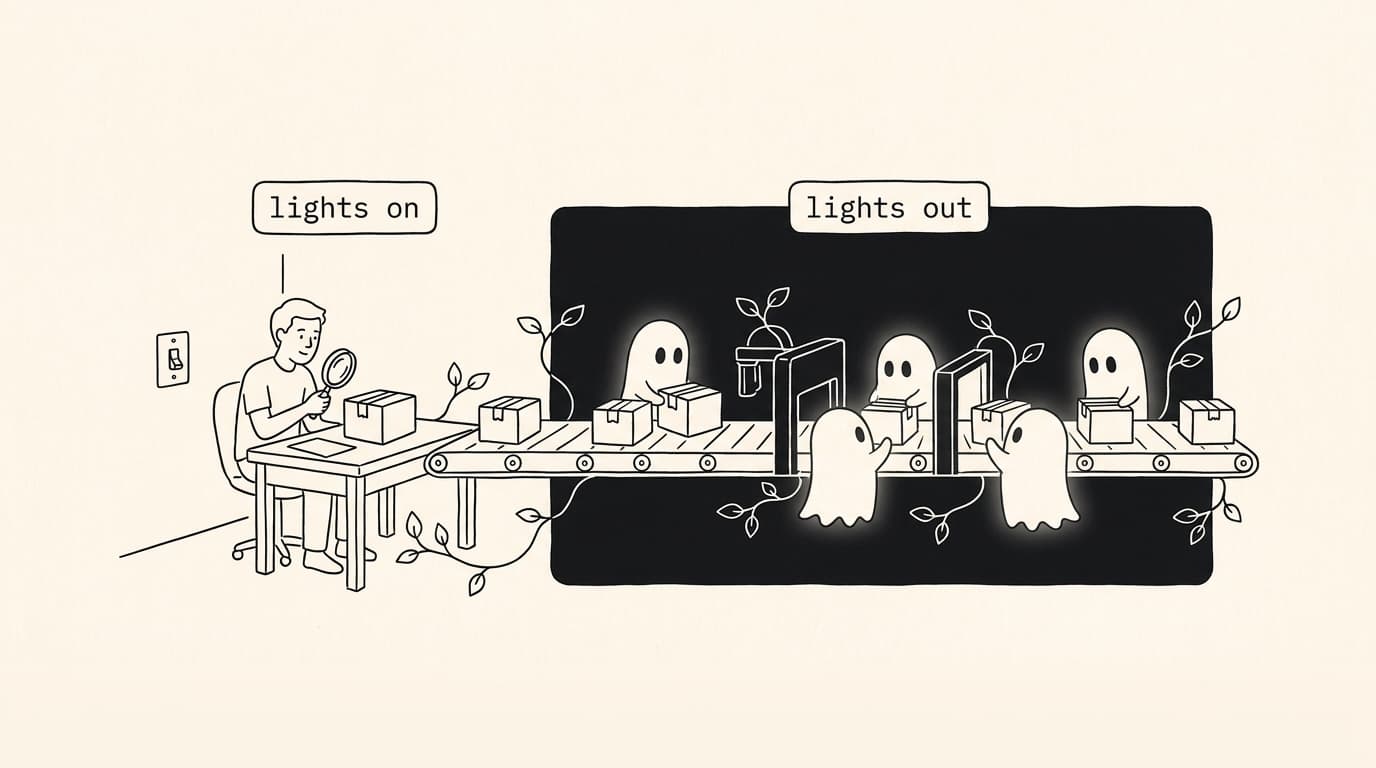 A person checks boxes at a lit desk while ghosts run a conveyor line in a dark room: lights on versus lights out