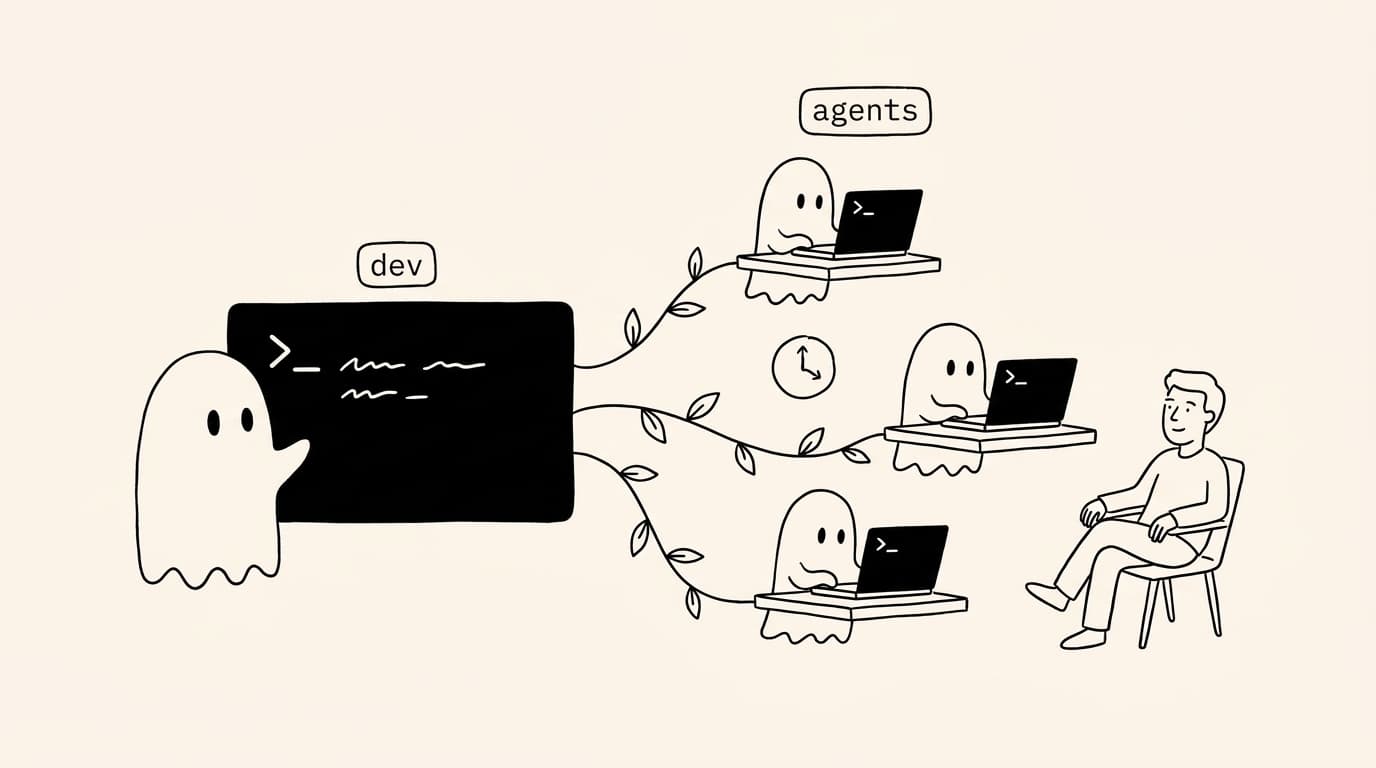 A ghost at a terminal running the dev command steers three ghost agents at laptops while a developer relaxes in a chair