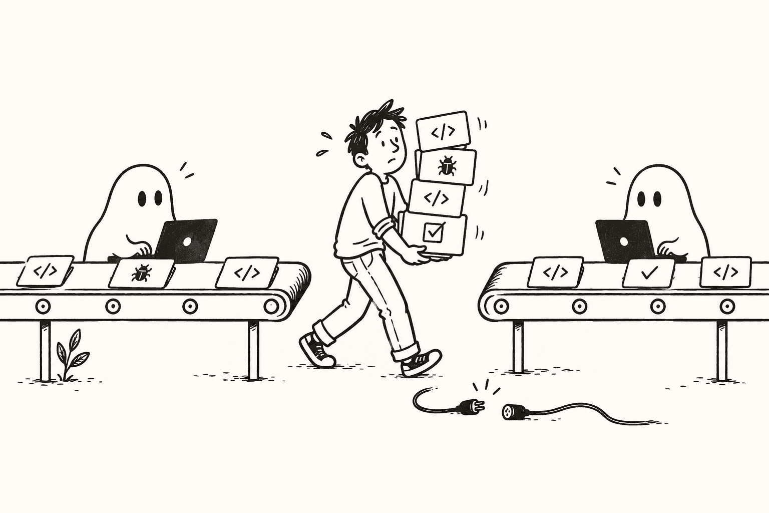 A flustered developer hand-carries a wobbling stack of code, bug, and checkmark cards between two ghost agents' conveyor belts, while an unplugged cable lies on the floor between them