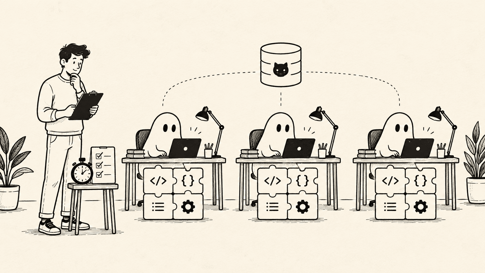 Three ghost coding agents solve identical puzzles at separate test benches while an engineer records results.