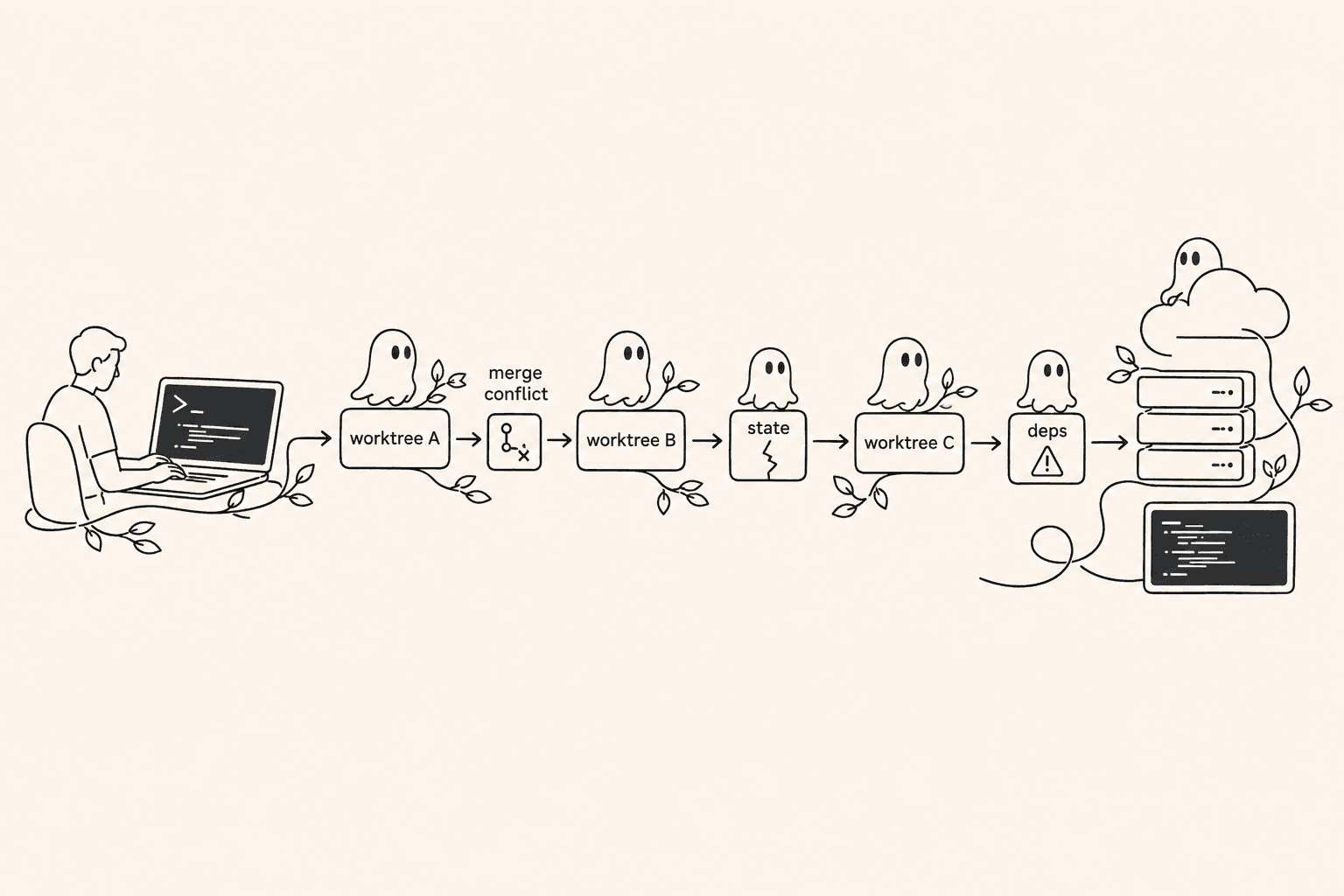 A worktree-first coding workflow moving through merge conflicts, isolated state, dependencies, and remote infrastructure