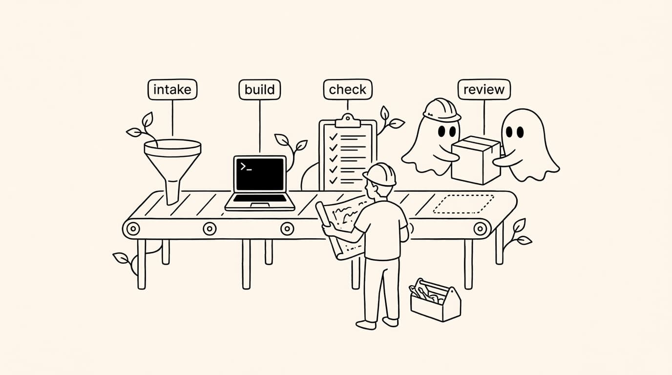 A conveyor belt with intake, build, and check stations, two ghosts carrying a box to the review spot, and an engineer reading a blueprint