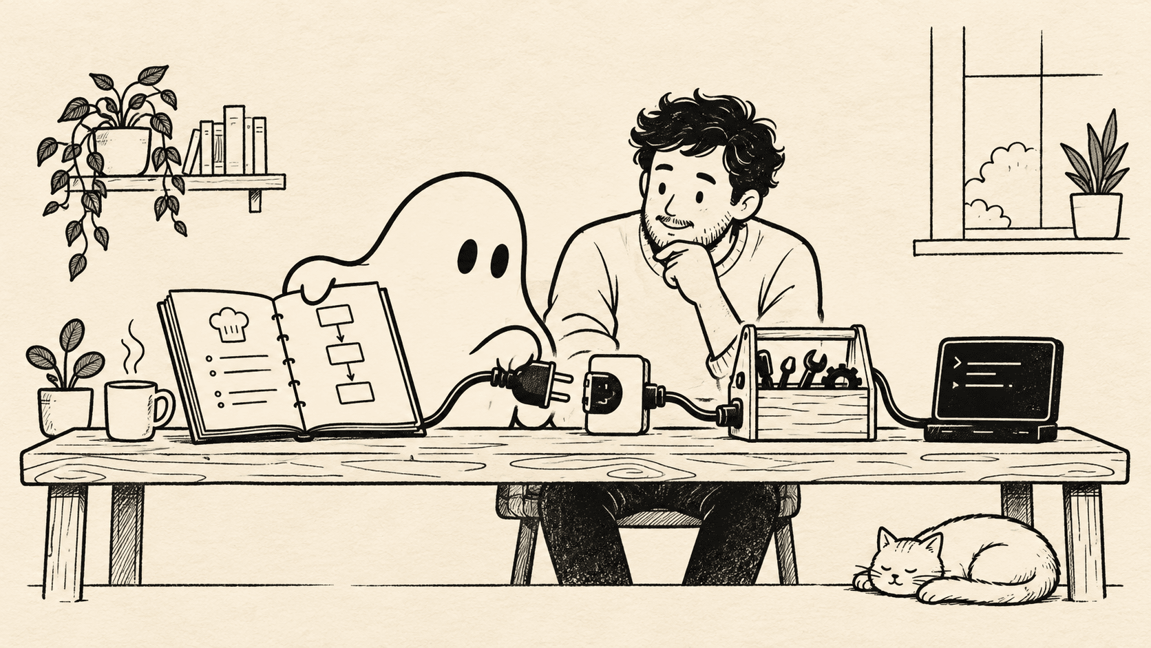 An engineer and ghost coding agent work with a recipe binder, connector, toolbox, and terminal.