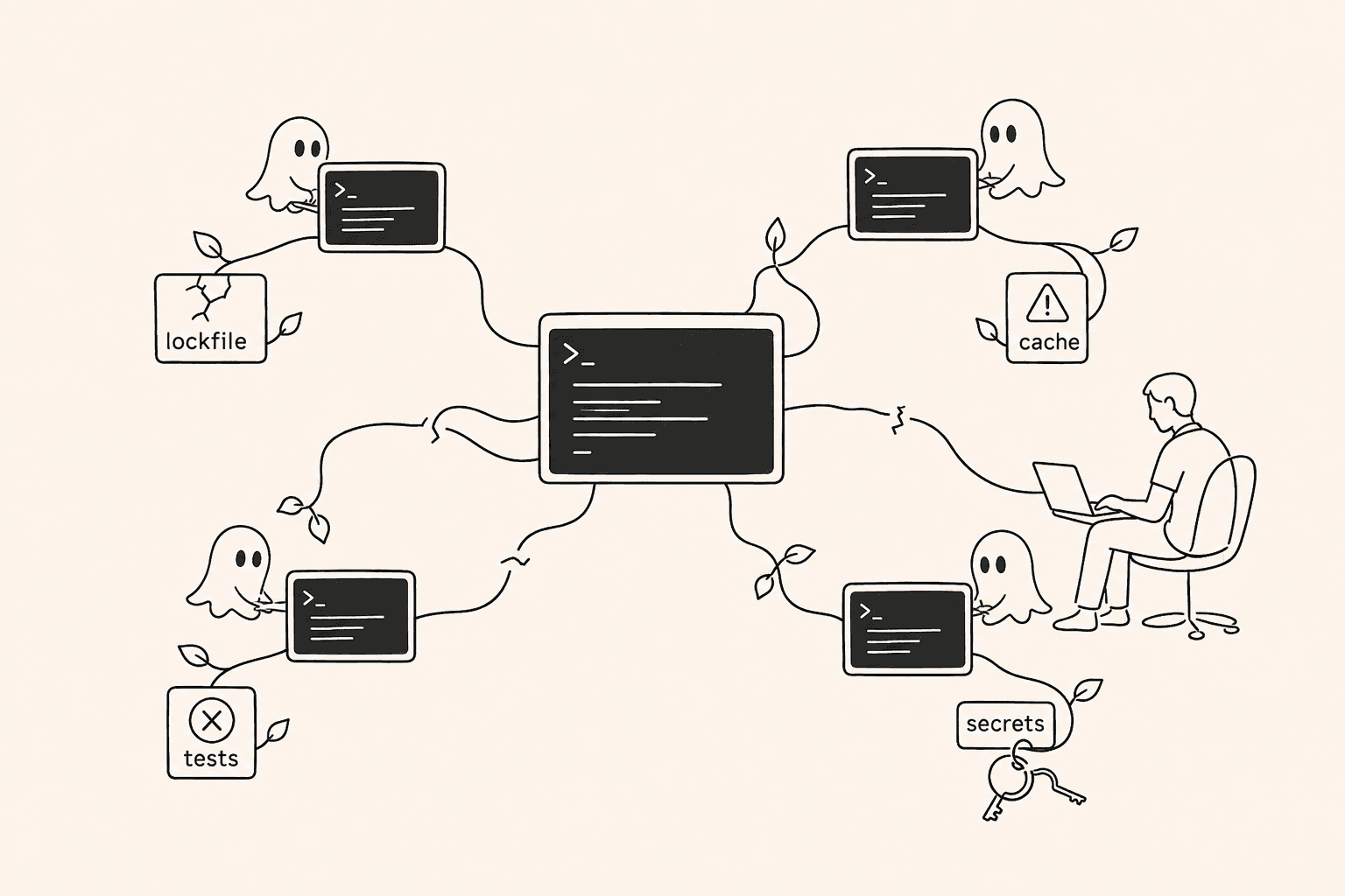 Parallel coding agents encountering lockfile, cache, test, and secret-sharing failures
