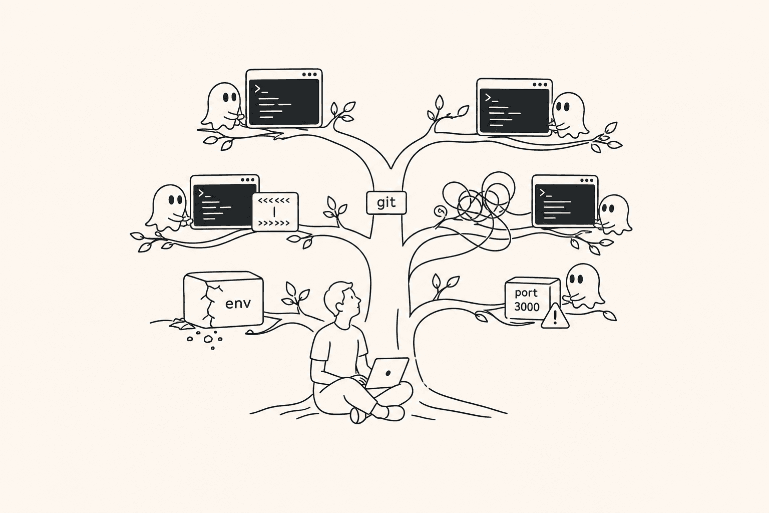 Parallel Claude Code worktrees branching from one Git repository with isolated environments and ports