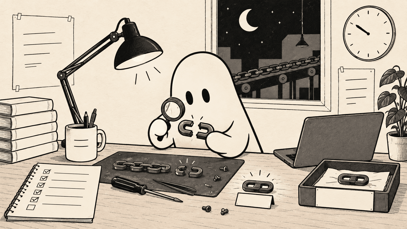 A ghost coding agent examines a broken chain at night beside a tray holding a repaired link.