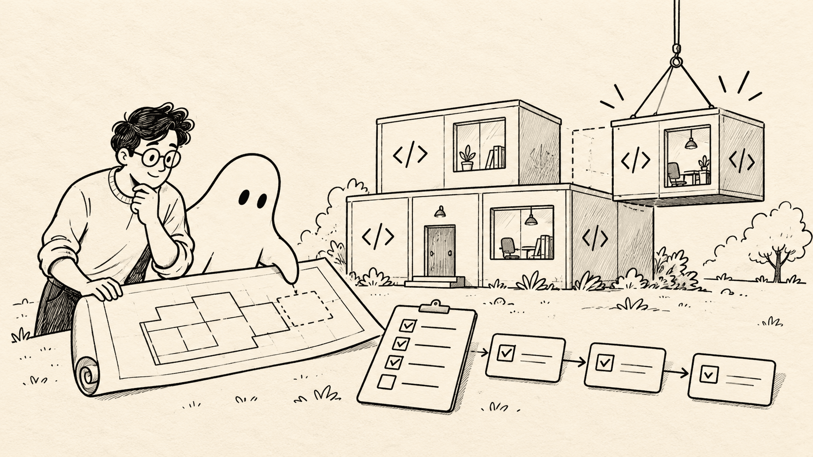 An engineer and ghost coding agent compare a blueprint with a modular building and its new room.
