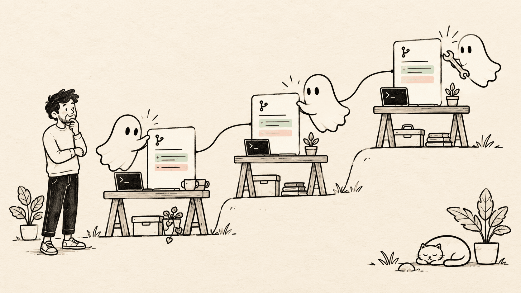Ghost coding agents arrange linked change cards on three stepped workbenches.