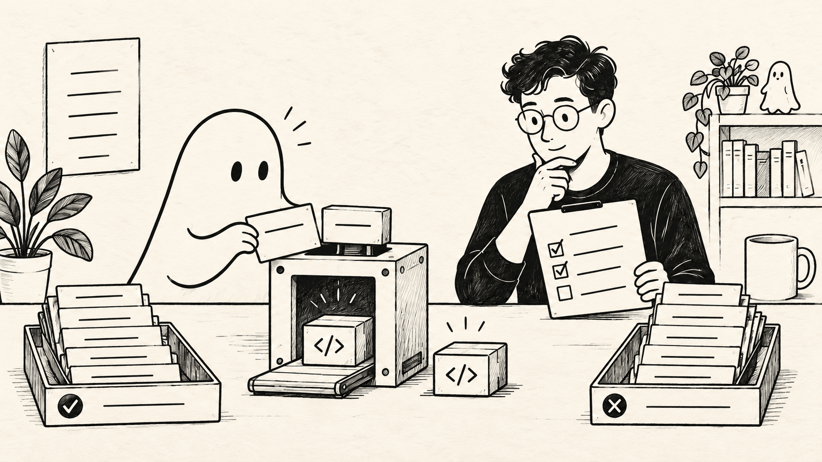 A ghost coding agent feeds cards into a test jig while an engineer checks matching and unrelated task trays.