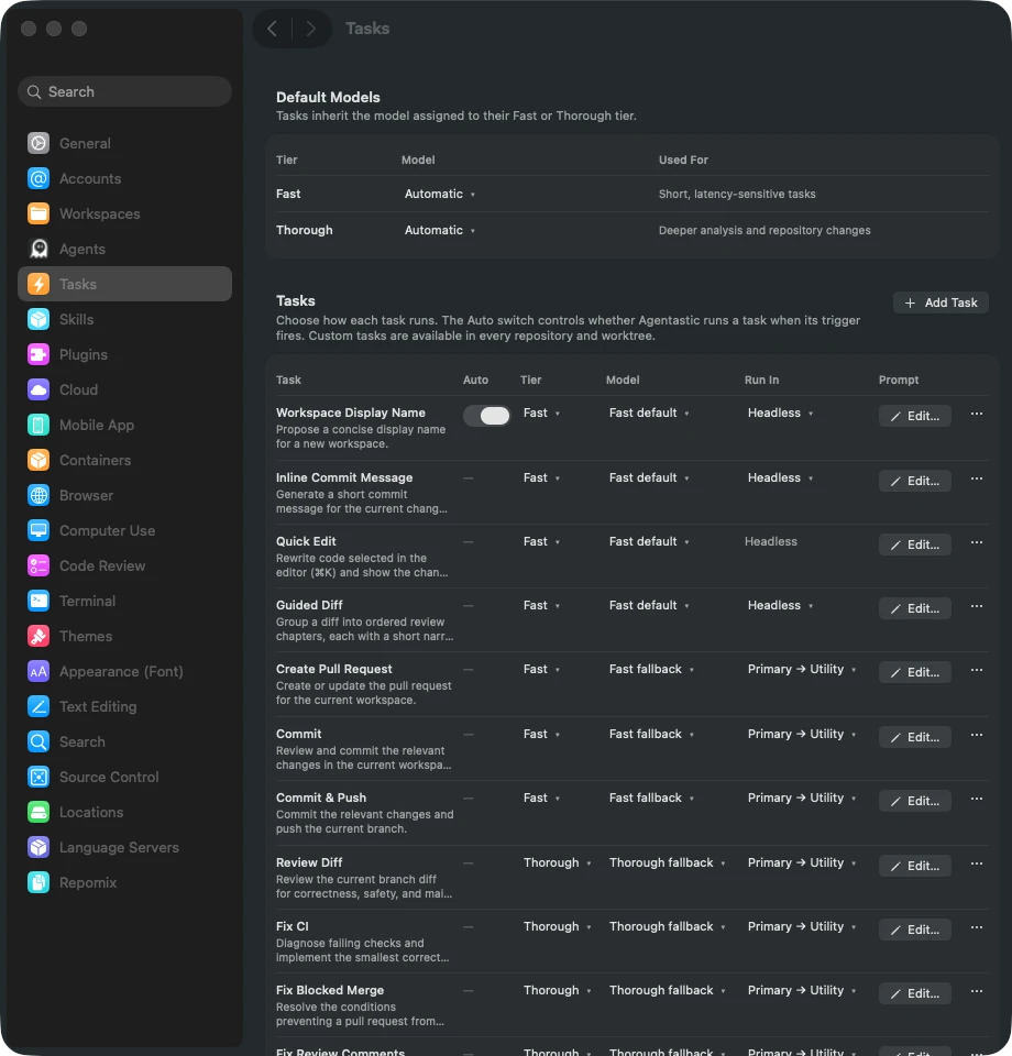 Agentastic Tasks settings listing review, guided diff, commit, and CI actions with model selection