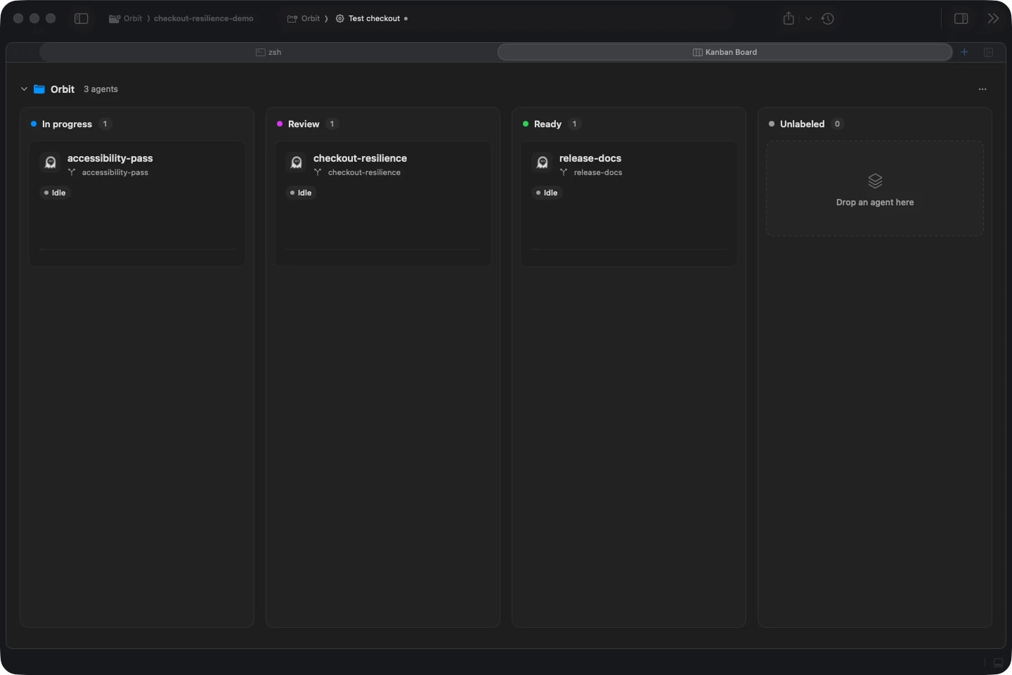 The demo worktrees organized into In progress, Review, and Ready columns in Agentastic Kanban