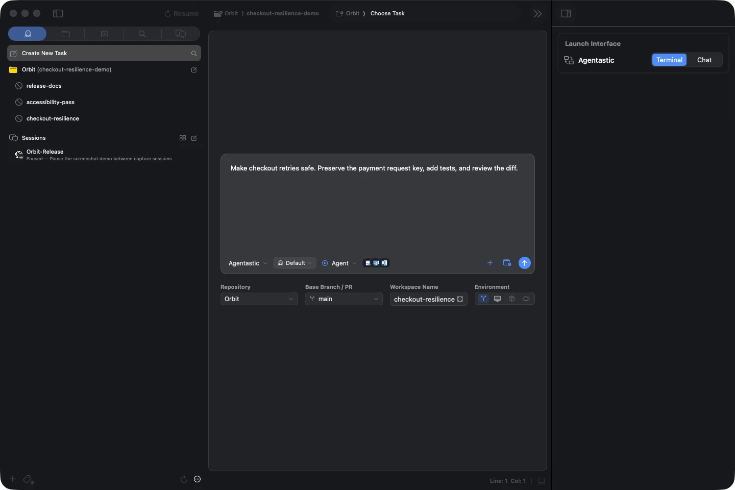 The Agentastic task launcher with a demo prompt, base branch, workspace name, and execution environment