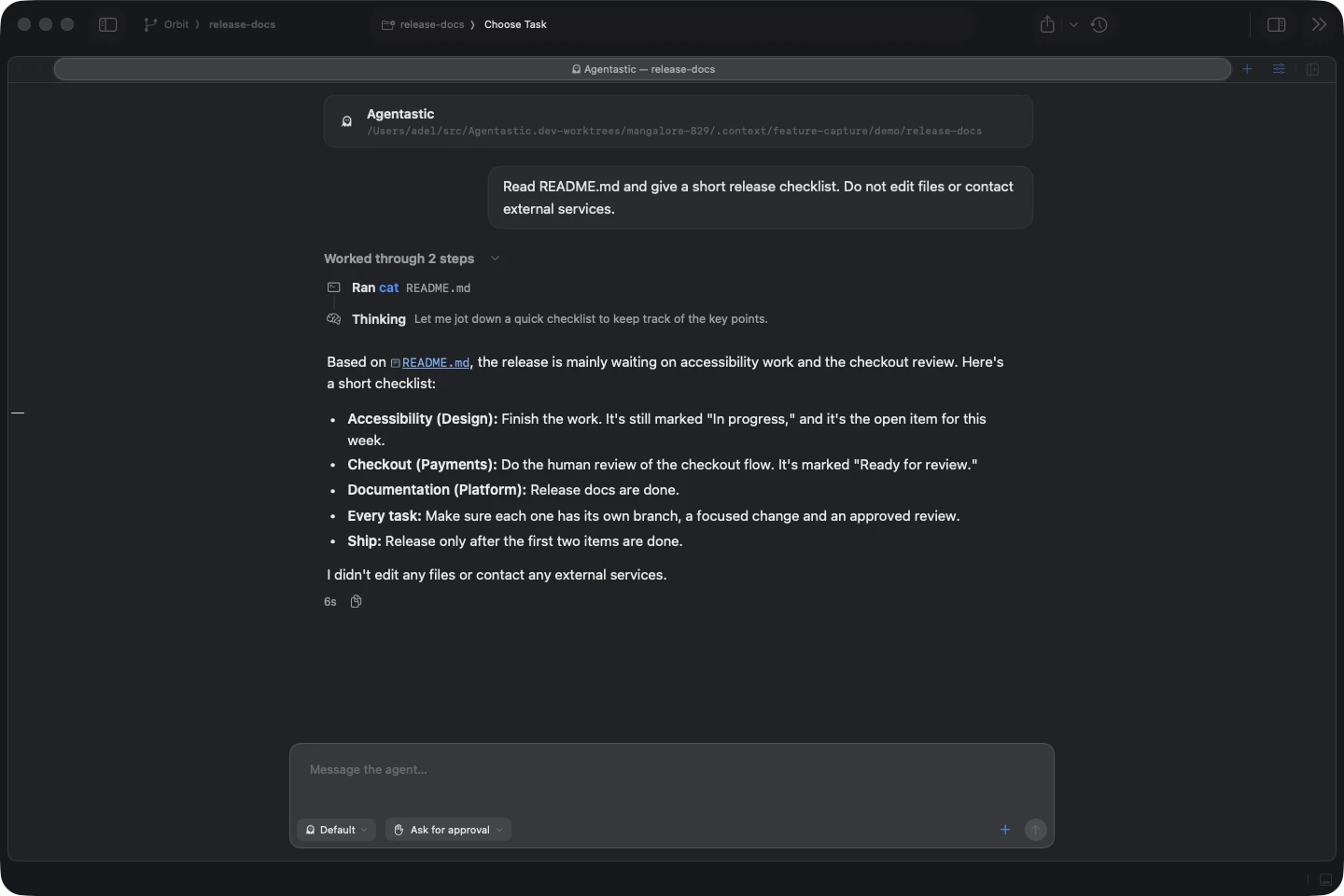 The Agentastic coding agent reading the demo repository and producing a release checklist in Chat