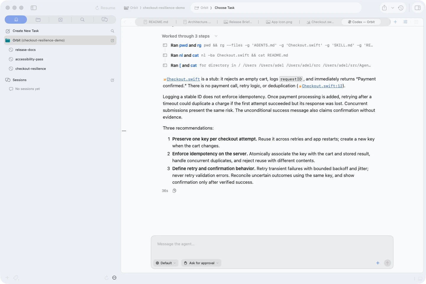Codex reviewing the demo checkout code in Agentastic Chat, with findings and recommendations