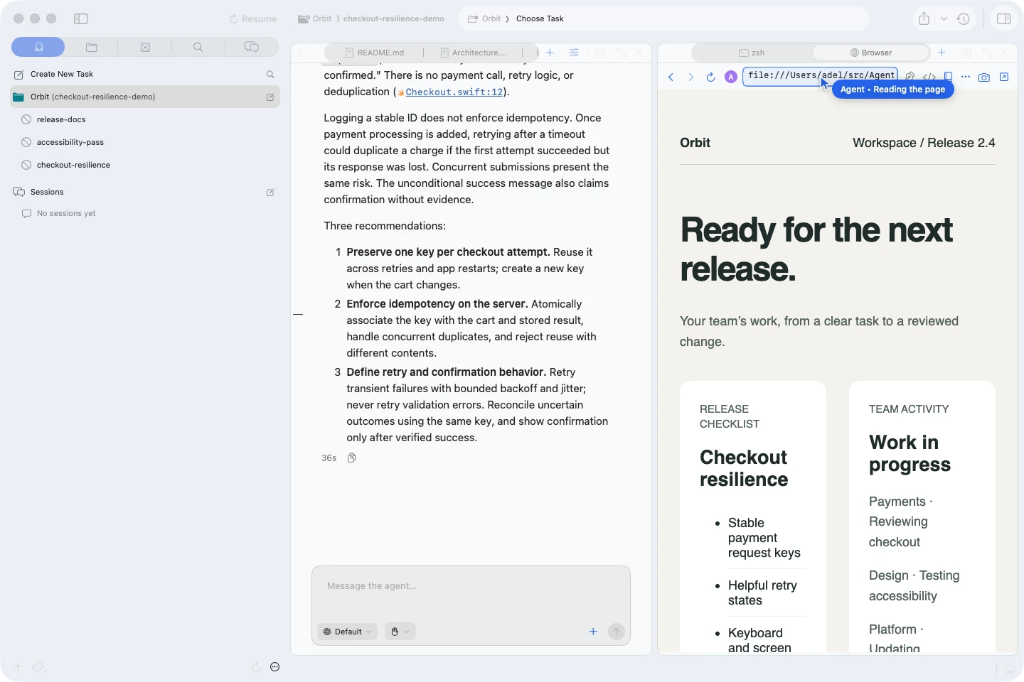 Agentastic browser automation inspecting a local demo dashboard beside a code review conversation