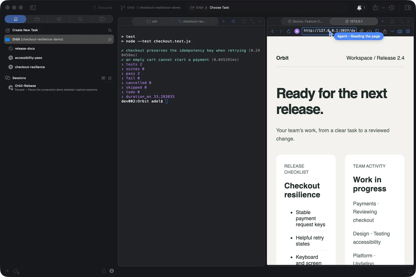 Agentastic split workspace with terminal test results beside an embedded browser preview