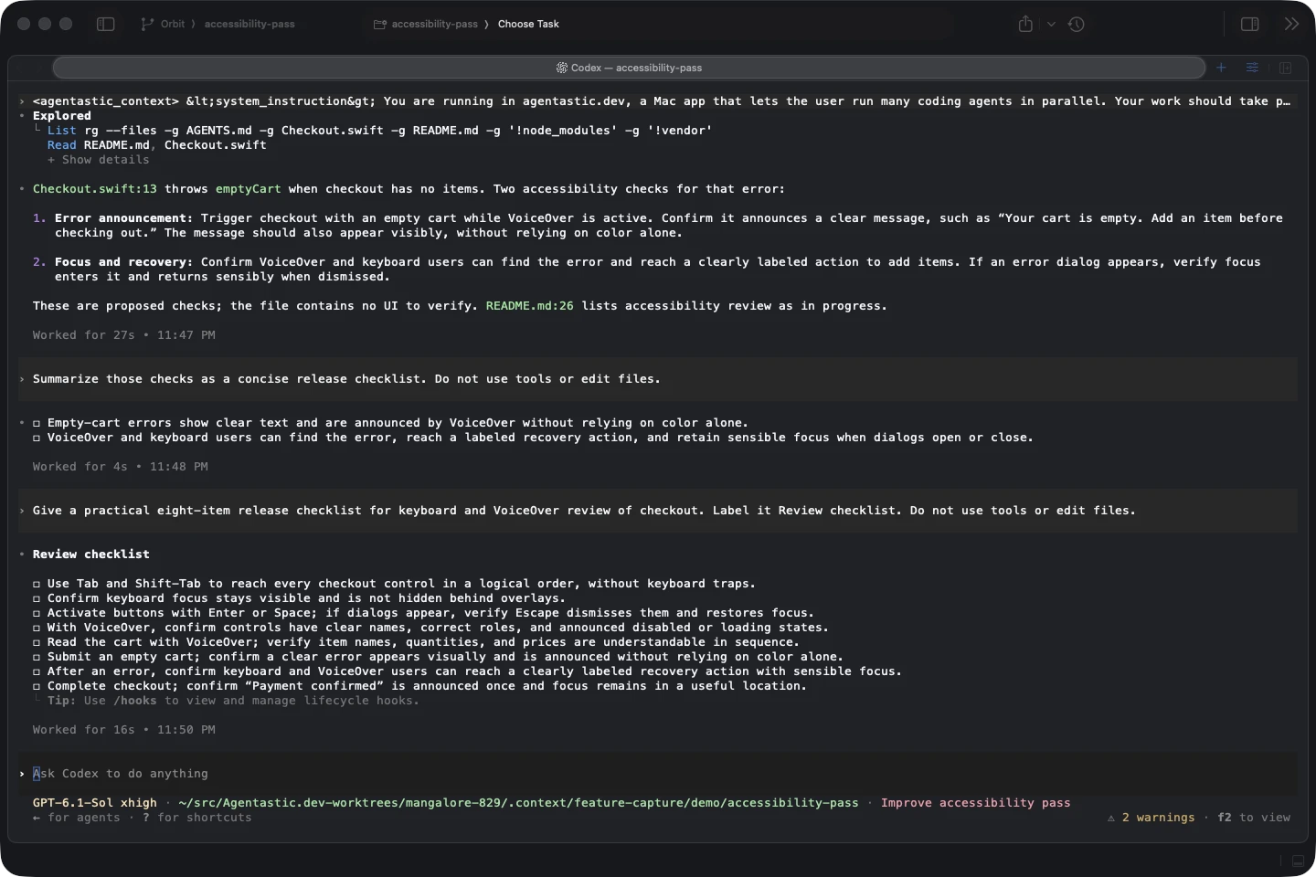 Codex CLI completing an accessibility review in a native Agentastic terminal