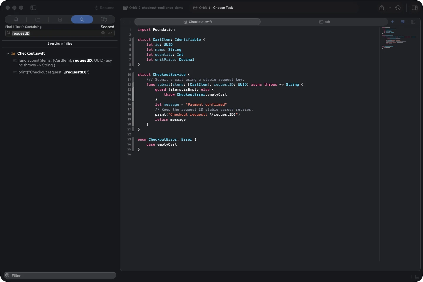 Workspace code search finding requestID references in the demo checkout source