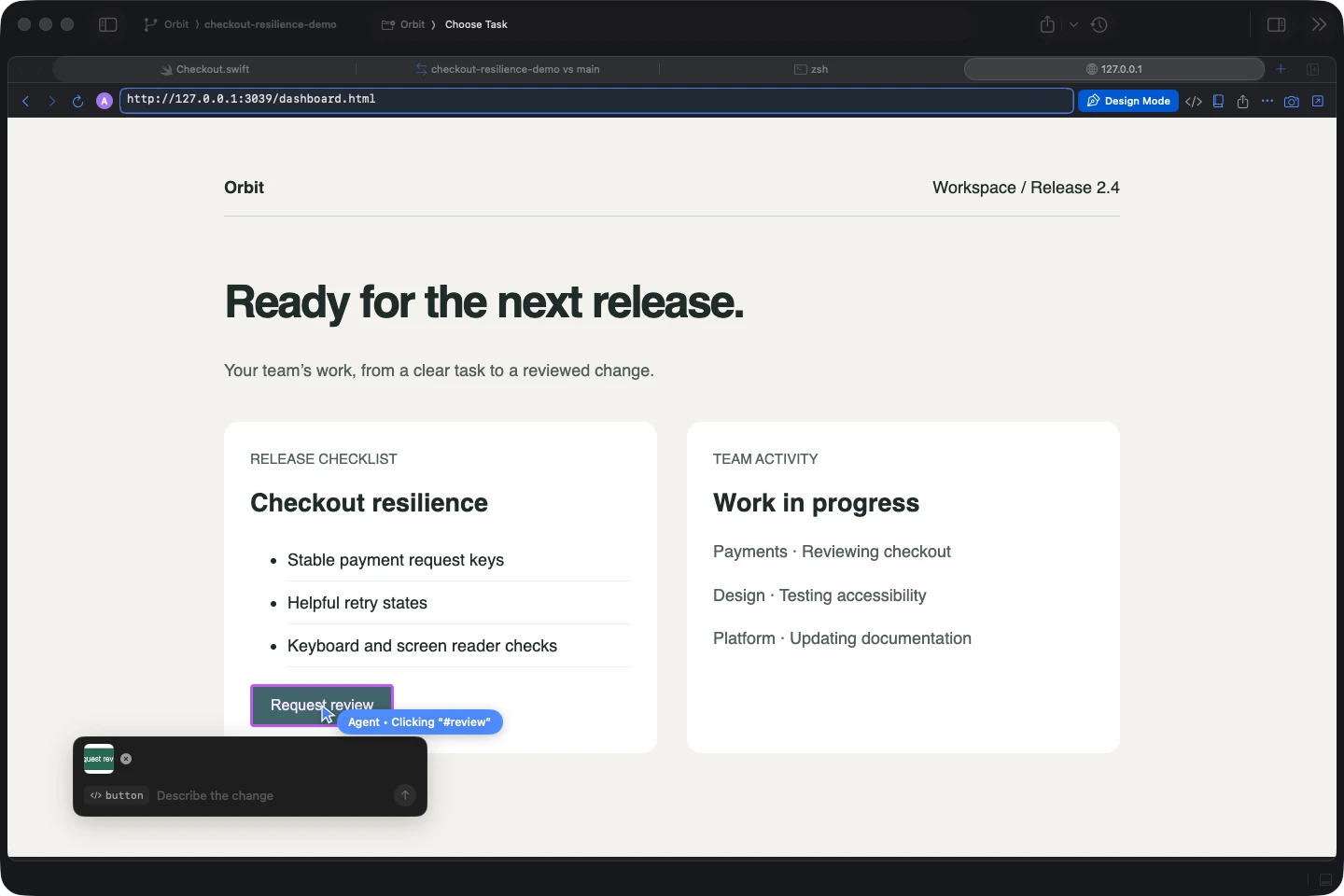 Design Mode selecting a real button in the embedded browser, with an element crop and change composer