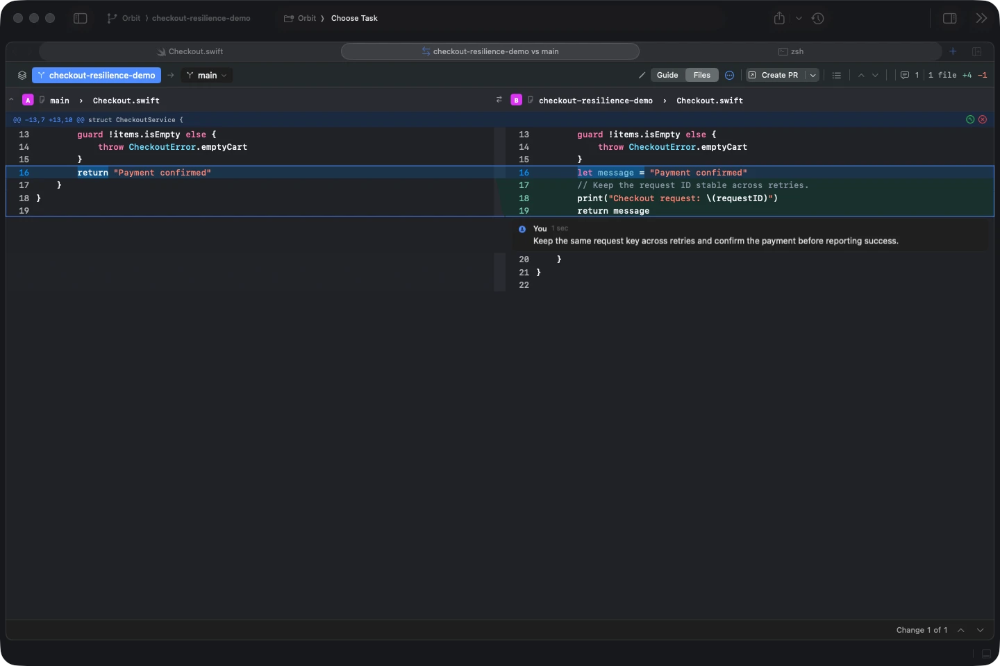 A real line annotation on the checkout diff in Agentastic, ready to send to an agent