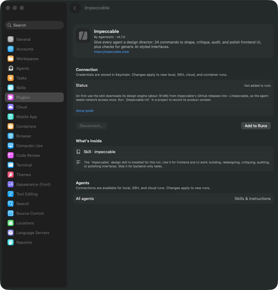 The Impeccable plugin setup page in Agentastic Settings with its bundled design skill