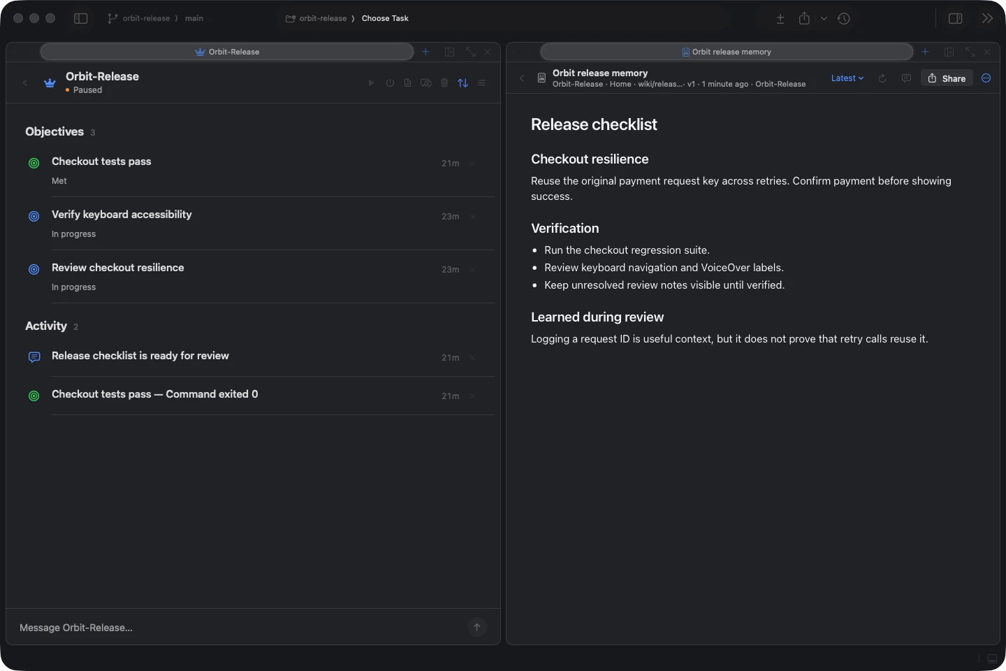 A manager’s published release memory beside its objectives and verification feed