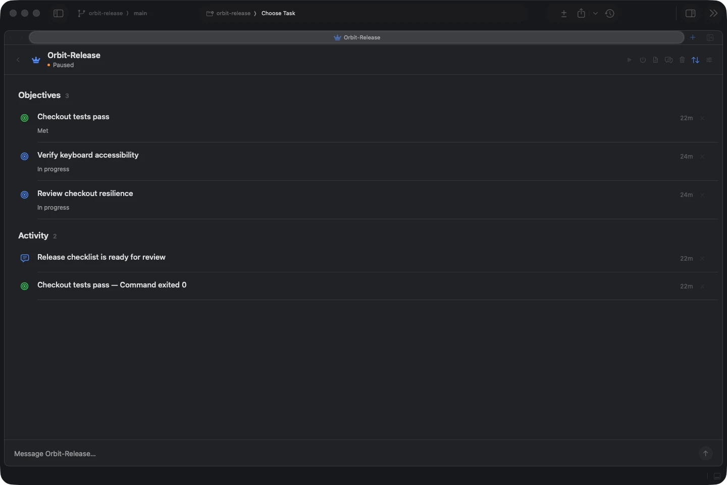 A paused demo manager with release objectives, verified test evidence, and an activity feed