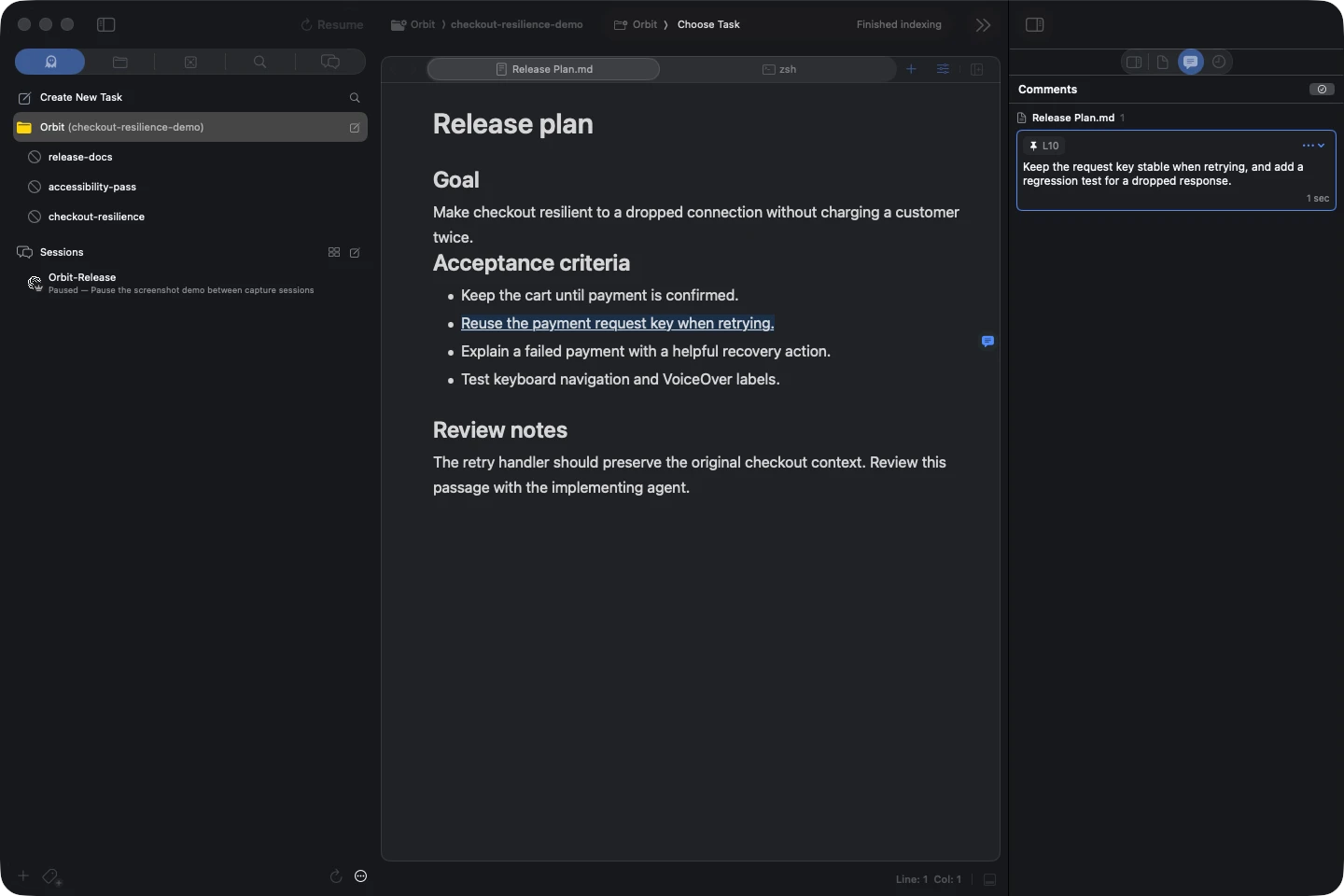 A highlighted passage in a Markdown preview with a saved comment in the Comments inspector