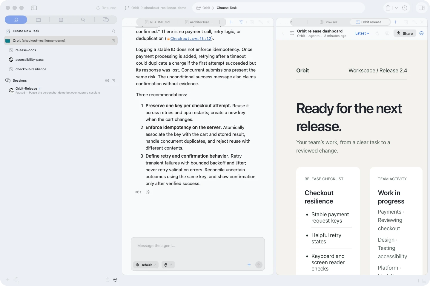 A locally published interactive release dashboard open as an Agentastic artifact beside a review conversation