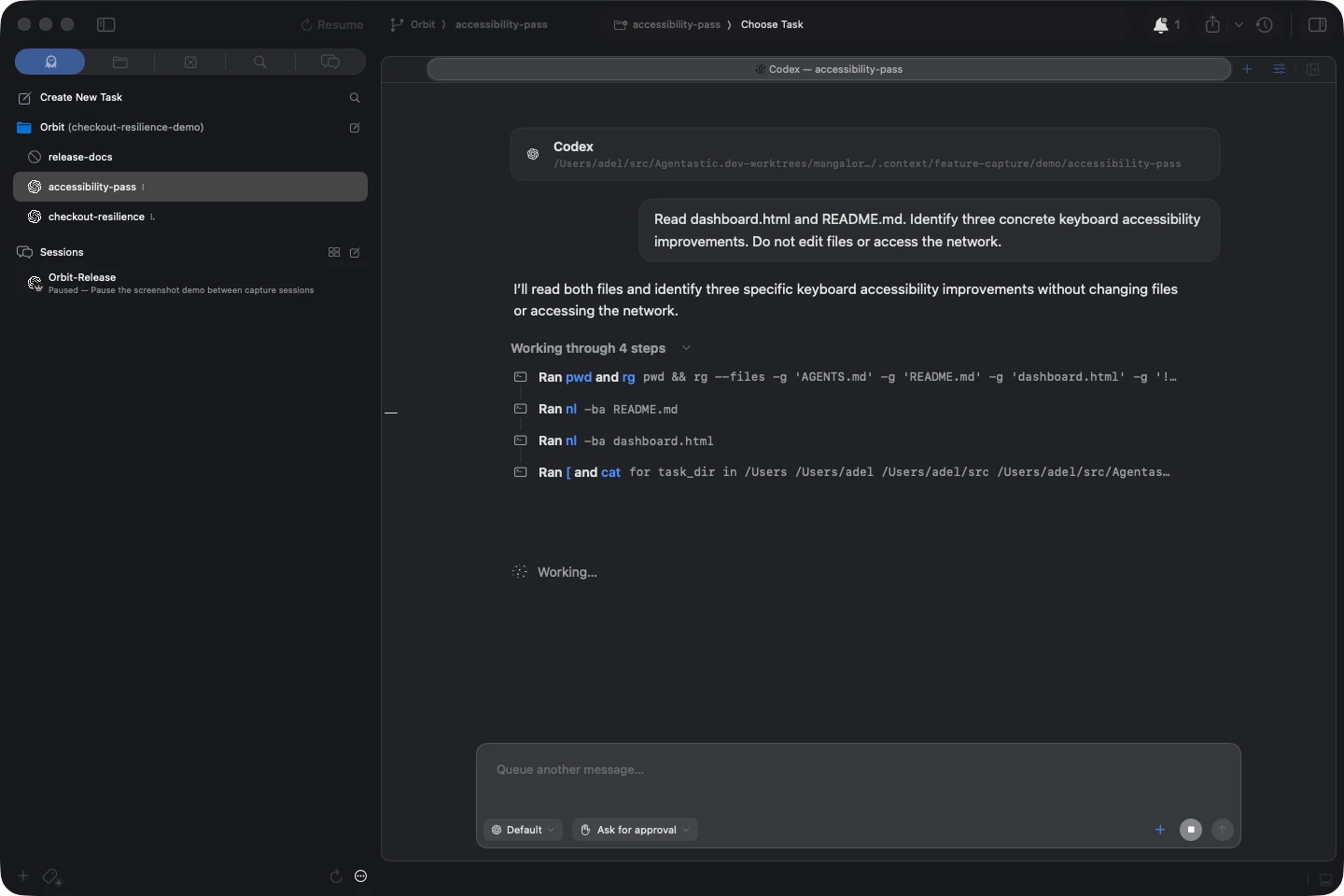 Codex agents running in separate checkout and accessibility worktrees in the Orbit demo workspace