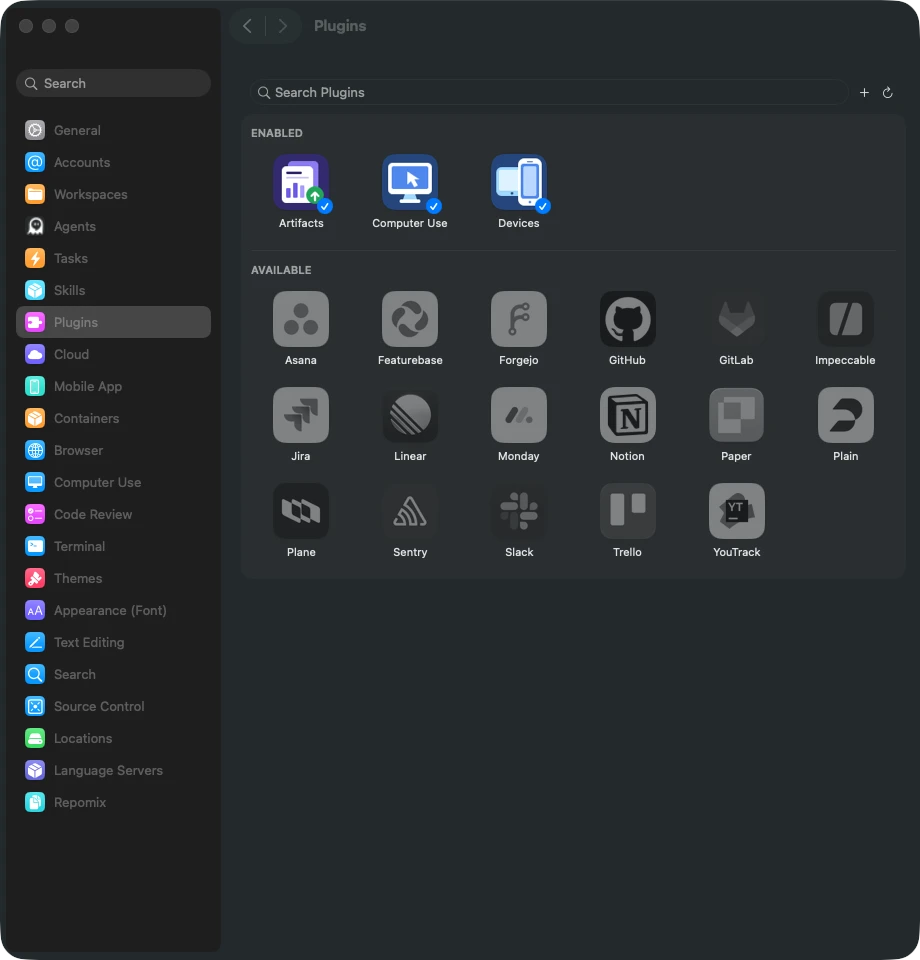 The Agentastic plugin catalog showing available GitHub, Linear, Sentry, and other integrations