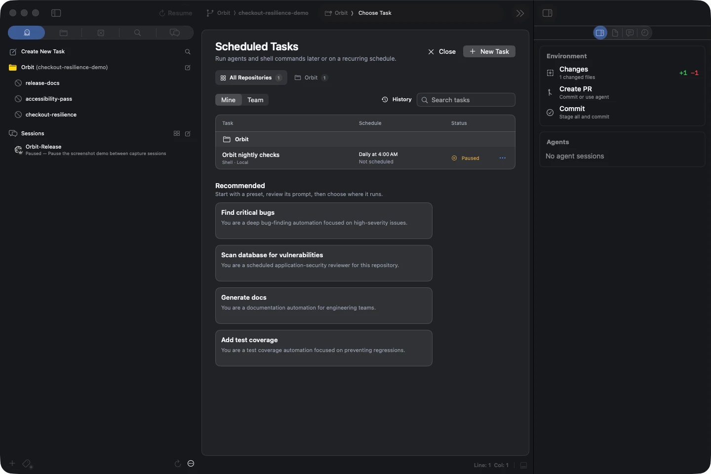 The Scheduled Tasks page showing an actual paused nightly demo task and schedule presets