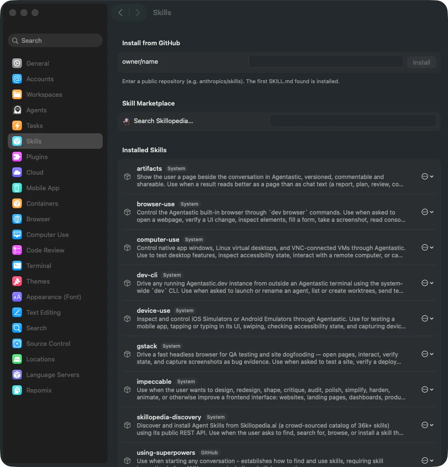 Agentastic Skills settings with installed skills and Skillopedia discovery