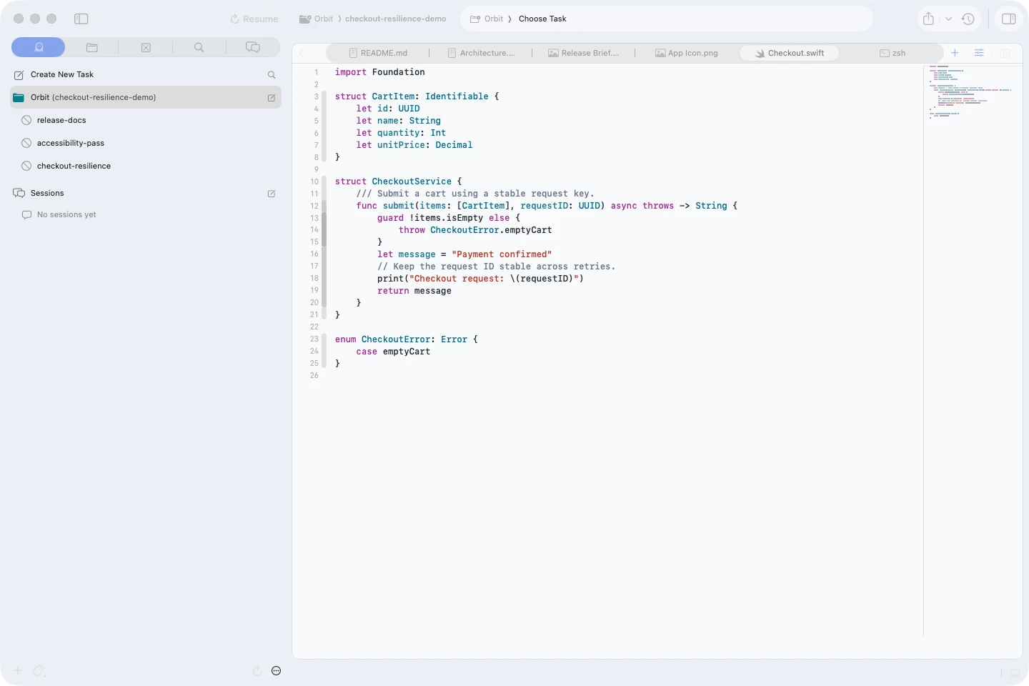 Swift code open in the Agentastic source editor with syntax highlighting and a minimap