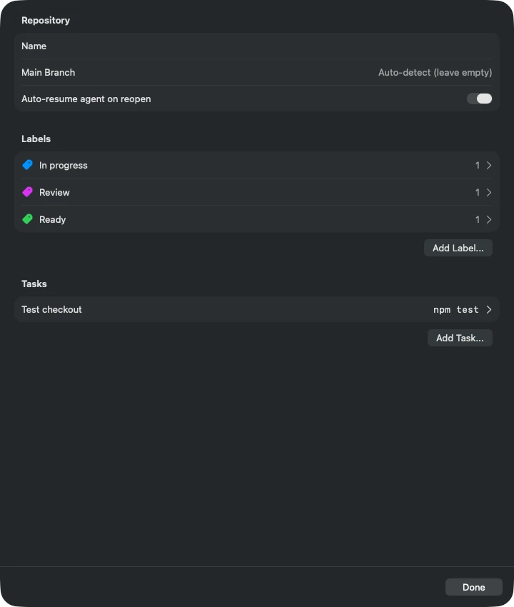Repository settings with an actual Test checkout shell task, worktree labels, and resume settings