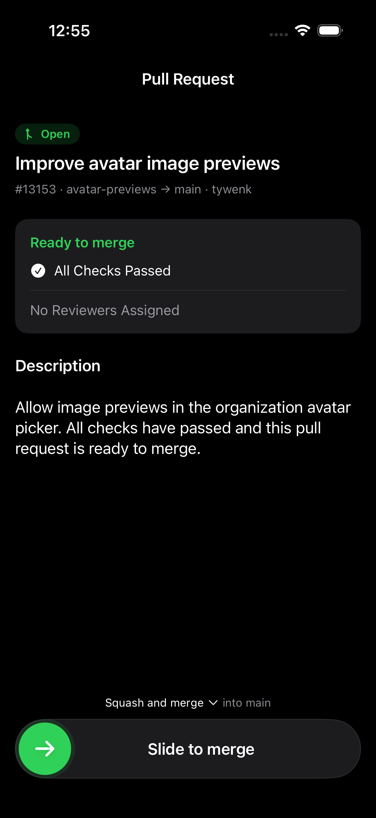 Check a pull request and slide to merge from iPhone